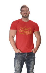 Fitness Gym, 2 Dashes, (BG Golden), Round Neck Gym Tshirt (Red Tshirt) - Clothes for Gym Lovers - Suitable for Gym Going Person - Foremost Gifting Material for Your Friends and Close Ones