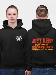 Just Keep Working Out (Red And Yellow) printed artswear black hoodies for winter casual wear specially for Men