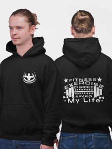 Fitness, Exercise Saved My Life,(BG White) printed artswear black hoodies for winter casual wear specially for Men