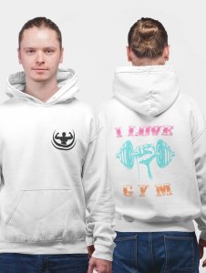 I Love Gym, (Pink and Orange Text) printed artswear white hoodies for winter casual wear specially for Men