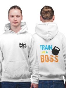 Train Like A Boss printed artswear white hoodies for winter casual wear specially for Men