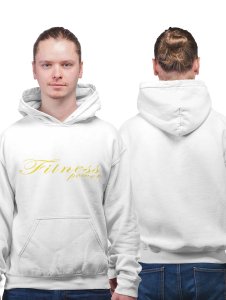 Fitness Power, Cursive Handwriting printed artswear white hoodies for winter casual wear specially for Men