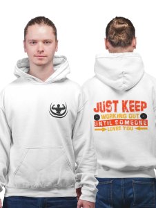 Just Keep Working Out, Until Someone..(BG Red and Yellow)printed artswear white hoodies for winter casual wear specially for Men