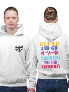 Get Up and Go, Harder printed artswear white hoodies for winter casual wear specially for Men